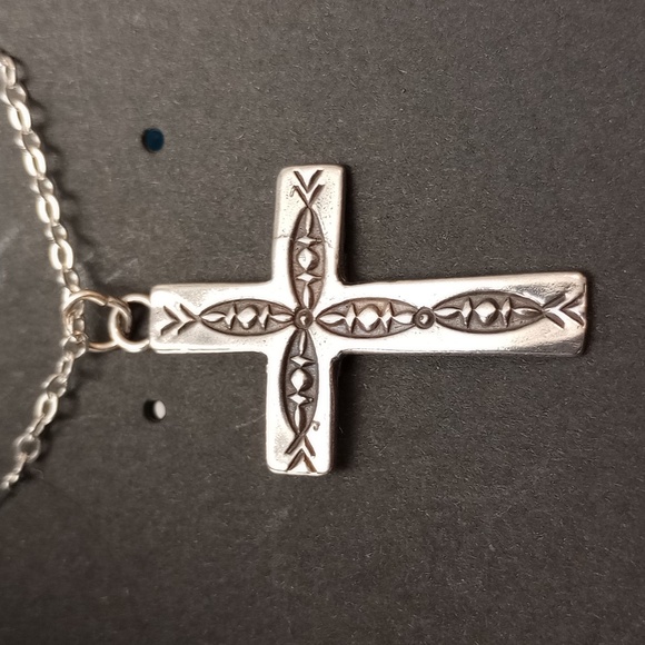 Sterling Silver Stamped Cross Pendant Necklace Signed - Picture 12 of 13
